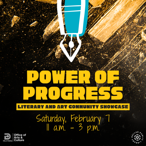 Power of progress flyer graphic of fountain pen nib in white and blue with splashes of gold behind on black background