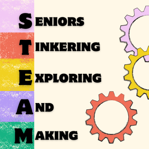 Seniors Tinkering Exploring And Making title on the left side. Colorful drawings of gears on the right side.