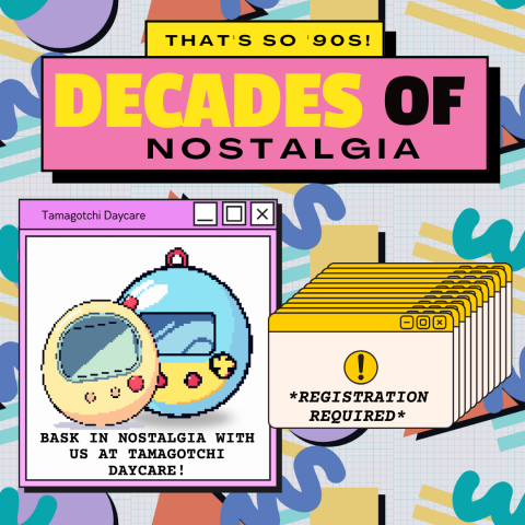 Retro design background with classic computer pop up windows showing Tamogatchi and registration required. Above is the title card for Decades of Nostalgia: That's so 90s
