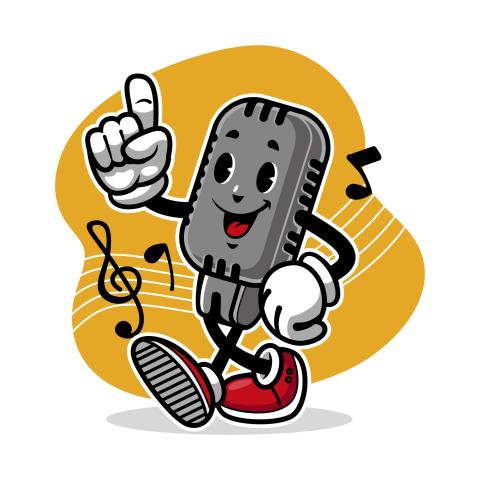 A gray cartoon microphone with music notes around it in a yellow round background.