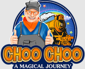 a man in overalls and an orange bandana gives two thumbs up in front of a train engine with the words "Choo choo a magical journey"