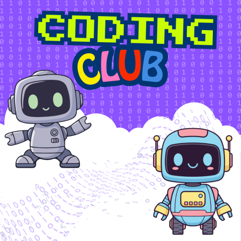 title of coding club above two robots. On top of a purple and white background with binary code across it
