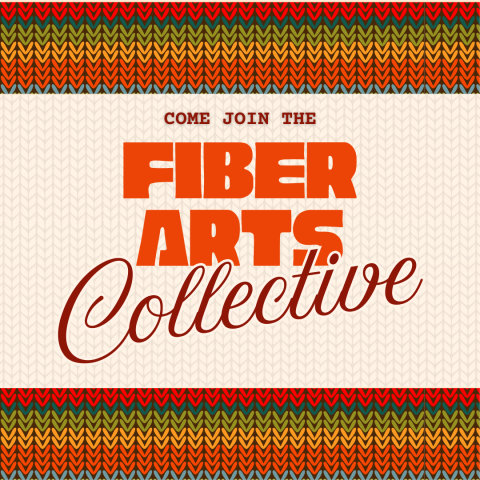 title of fiber arts collective surrounded by a knitted border 