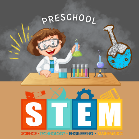 a picture of a kid scientist at a desk with chemicals, standing in front of a chalkboard. Above the child says preschool, below the child's desk says STEM