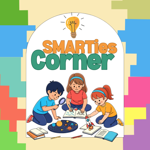 side borders of puzzle pieces with a picture of kids in the center working on projects. Above the kids is the title SMARTies Corner