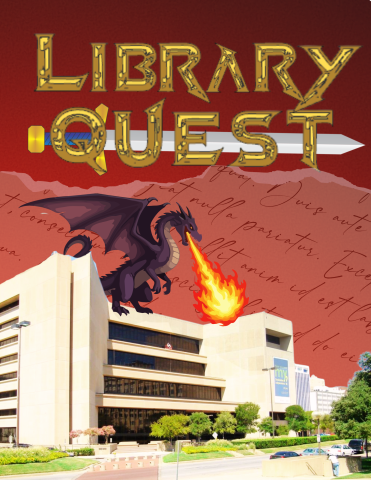 image of Central library with a fire breathing dragon. Text in yellow at the top states "Library Quest"
