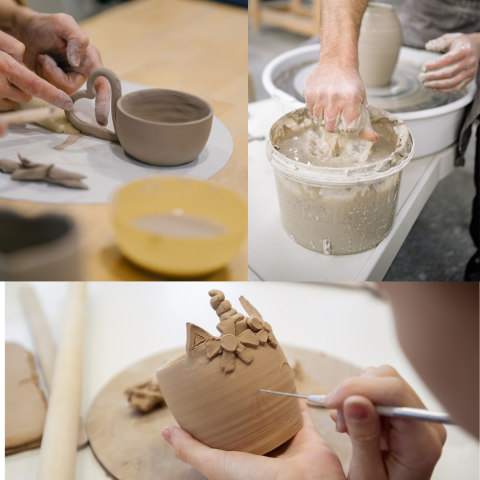 three different pictures of hands molding clay objects