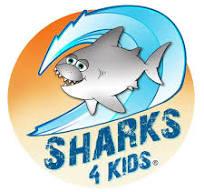 shark riding a wave with text sharks 4 kids