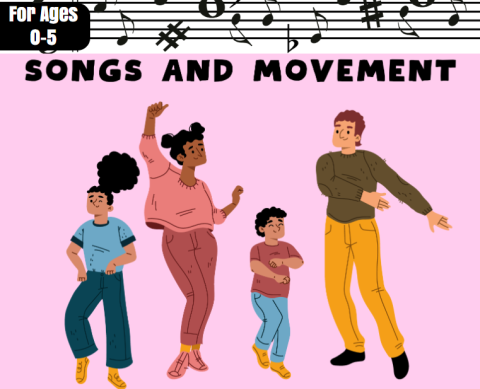 Text: ages 0-5 Songs and Movement Image: Family dancing in front of pink background