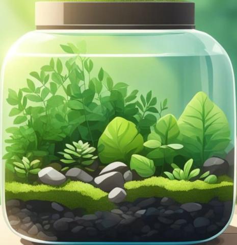 Mason jar with a mini ecosystem inside. It's full of plants, soil, and rocks.