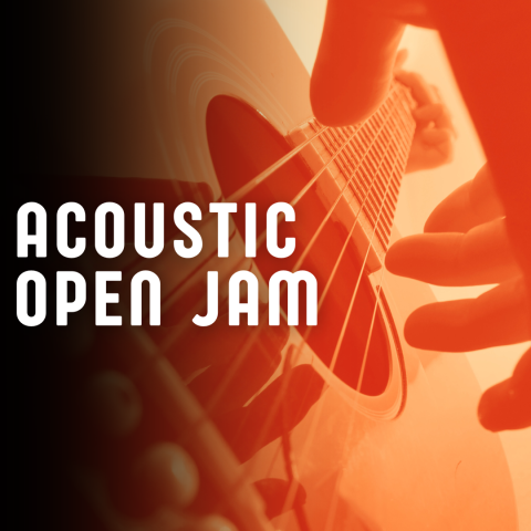 silhouette of hand playing acoustic guitar text: acoustic open jam
