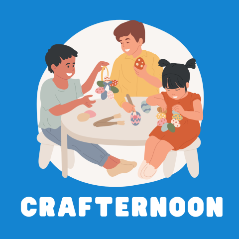 three children doing crafts at a table with a blue and white background. text: crafternoon: