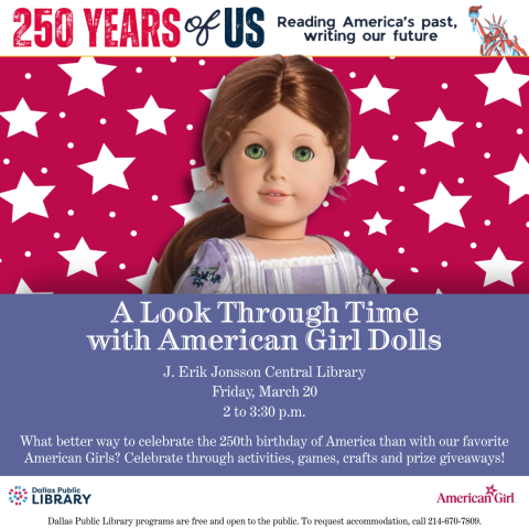 A Look Through Time with American Girl Dolls cover graphic. Featuring the Felicity doll on a red-pink background with white stars.