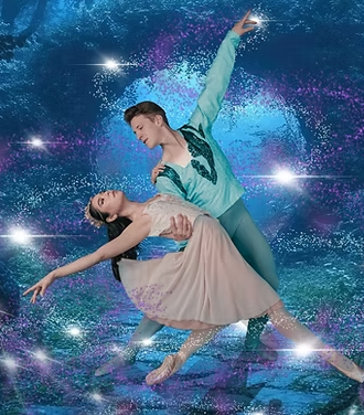 A ballerina and ballerino posing in front of a starry sky