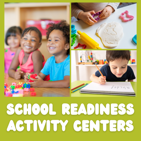 three photos of preschool aged children engaged in various activities text: school readiness activity centers