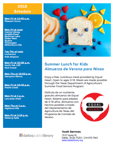 Summer Lunch for Kids. Free nutritious meal provided by Equal Heart for ages 0-18. 12-1 pm Monday through Friday