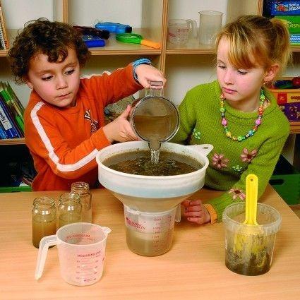 Kids pouring water into a water purification system.