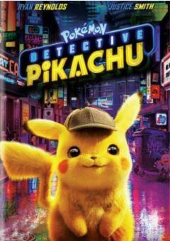 DVD cover of "Detective Pikachu" featuring a pikachu with a deerstalker against a city background