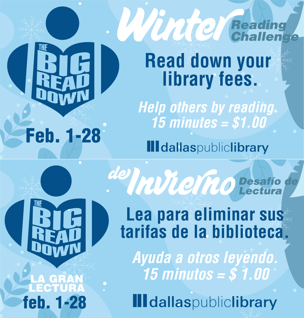 Bilingual flyer for the Big Read Down. A human figure shaped like a heart.