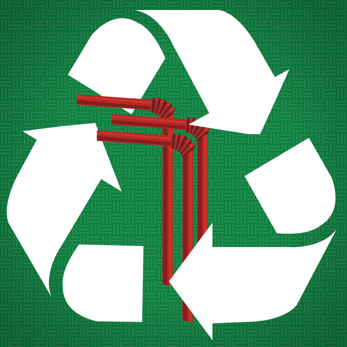 Some plastic straws surrounded by the Recycling Symbol