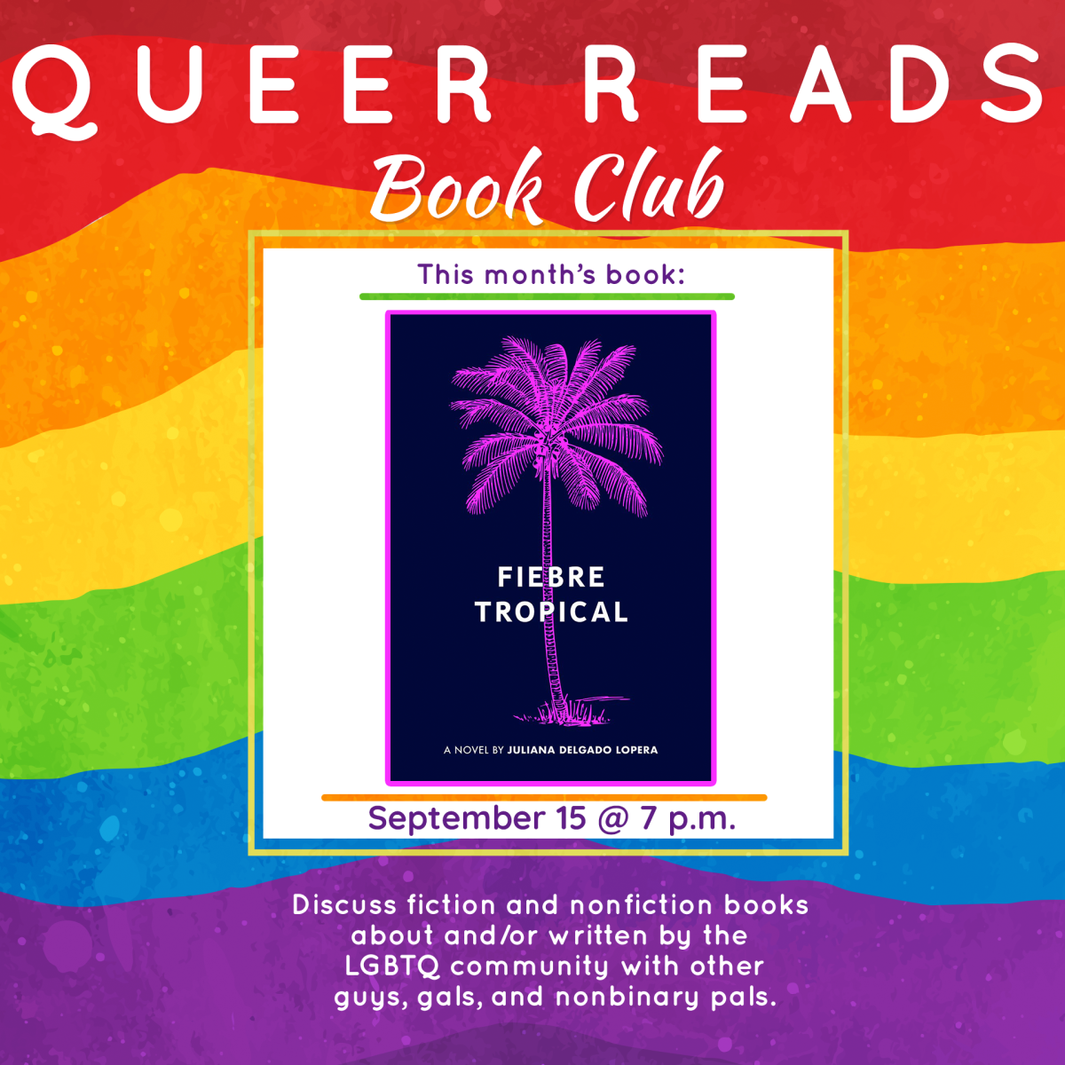 The book cover set against a rainbow background