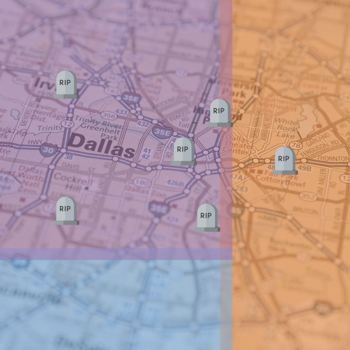 A map of Dallas with tombstones scattered across