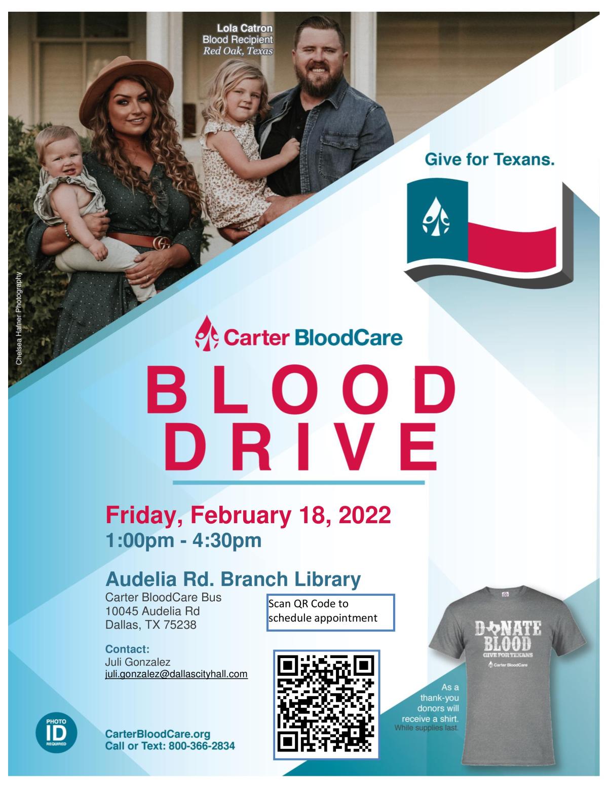 Blood Drive Flyer showing happy family, Texas flag, QR code