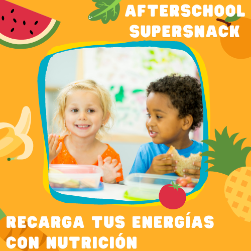 Afterschool%20Supersnack%20cover%20graphic%20featuring%20two%20children%20framed%20with%20fruits%20and%20vegetables%20falling%20around%20them.%20