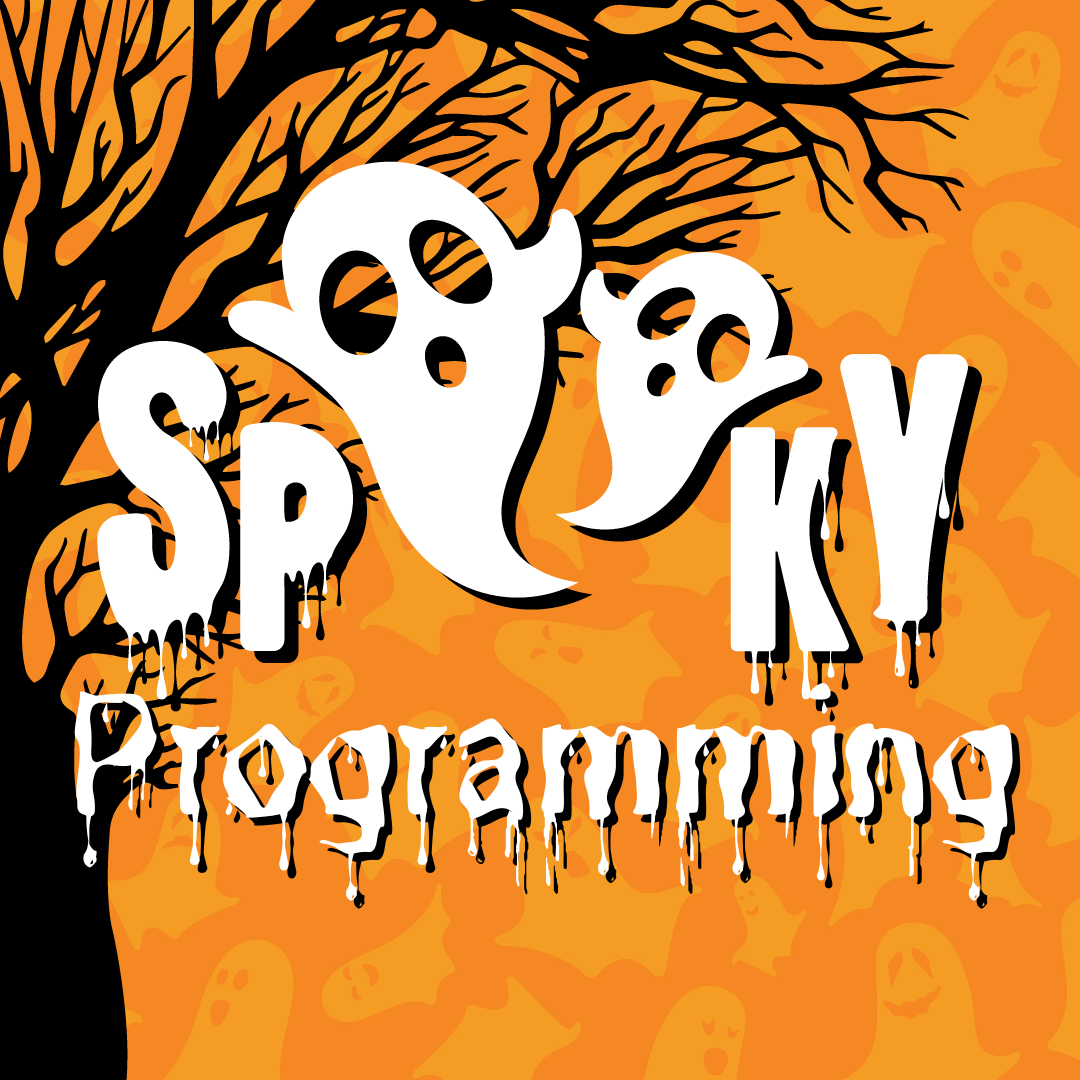 A bare-branched tree in silhouette against an orange background. Two ghosts hover in the branches, serving as the two O's in "Spooky". Text: Spooky Programming.