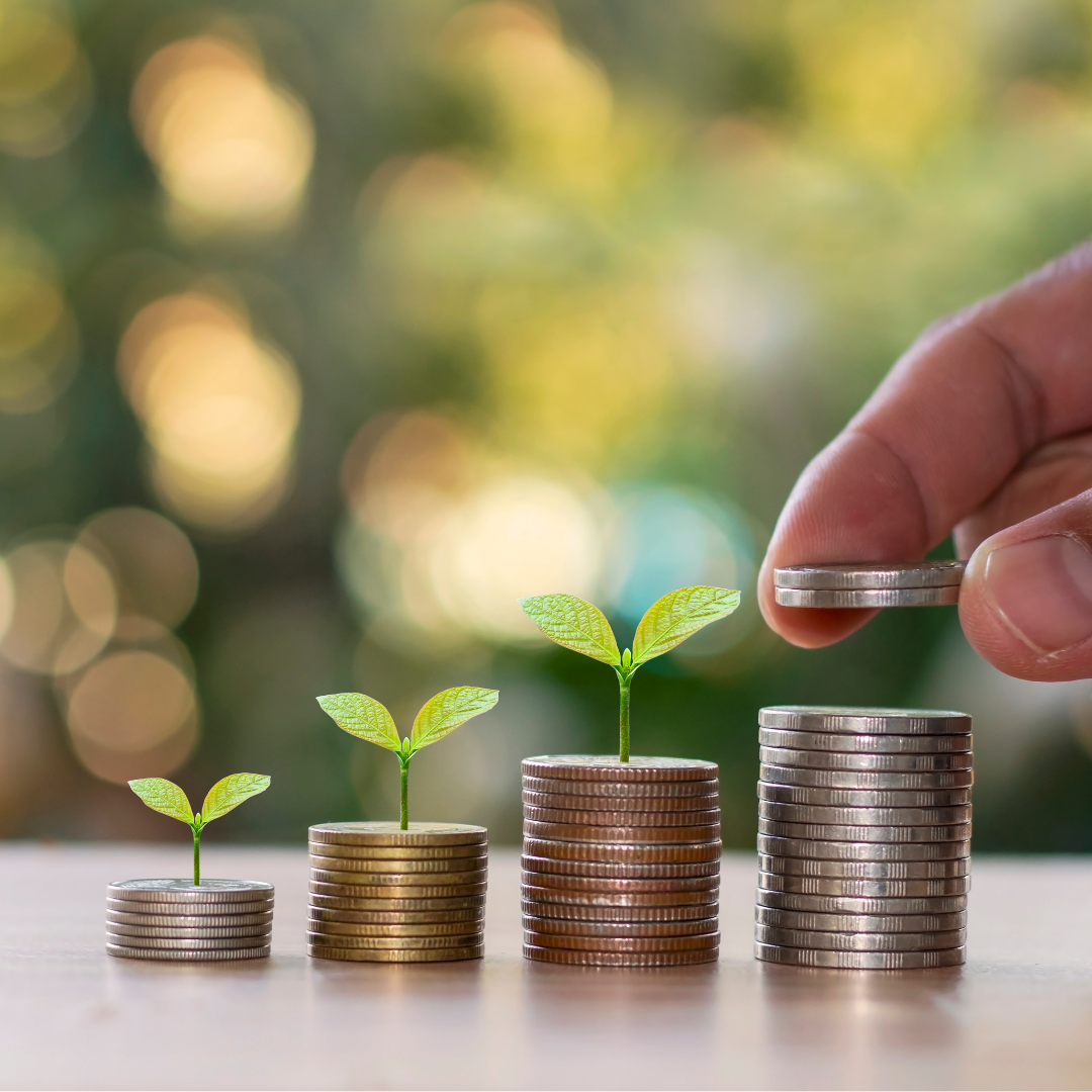 Stacks of coins with plants sprouting from them, representing financial growth.