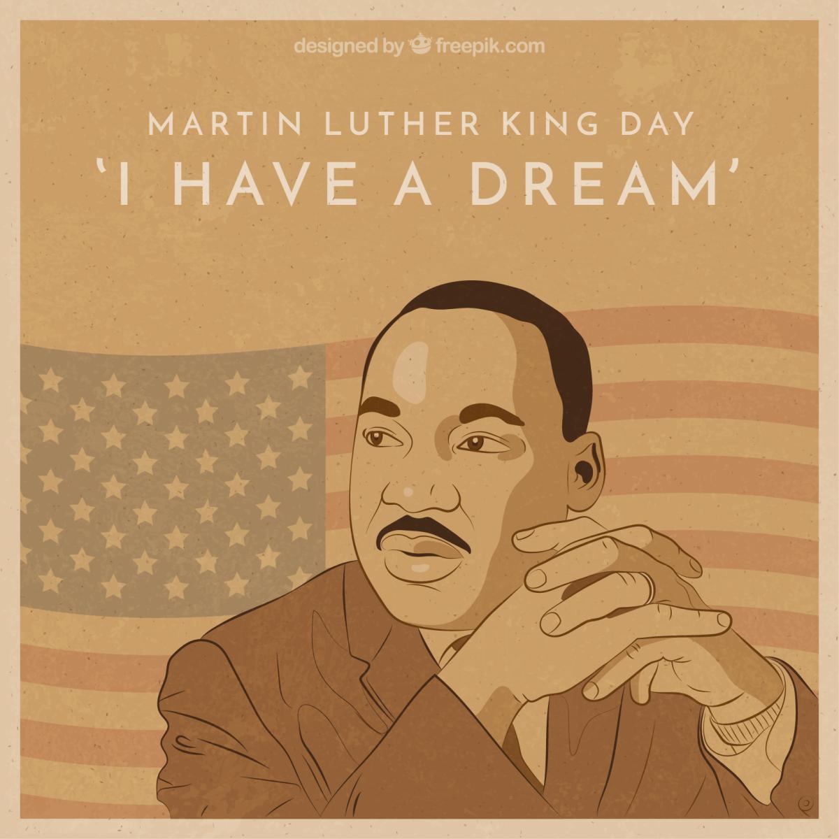 Cartoon Martin Luther King Jr in Front of American Flag