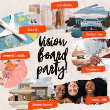 vision board party text surrounded by orange colors with categories and pictures