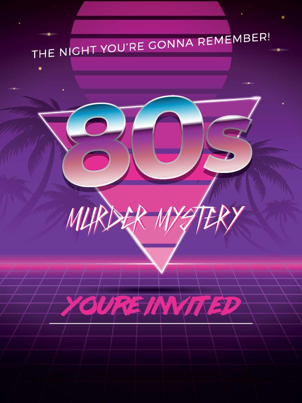 purple and pink 80s murder invitation