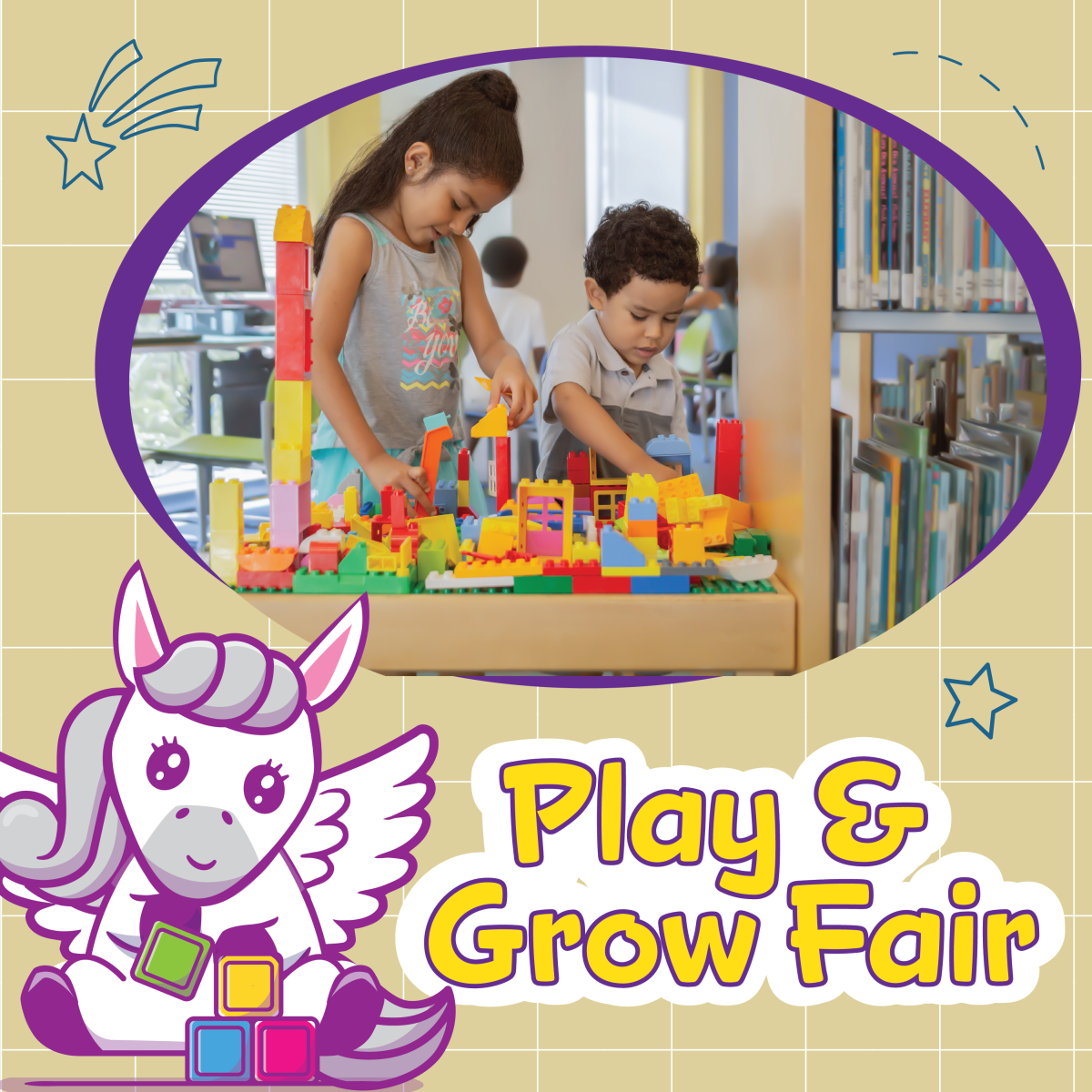 play and grow logo of pegasus playing with blocks