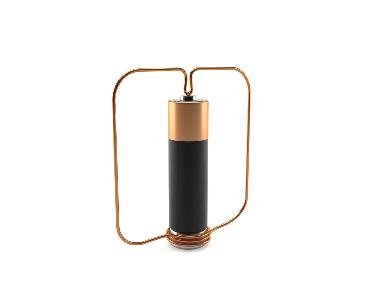 a 3d render of a battery with copper wire attached to the side. the setup sits on a magnet as a base. This is a monopolar motor