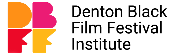 The left side of the image has large letters D and B on top of large letters F and F. Each of these letters are a different, bold color. The right side of the image says "Denton Black Film Festival Institute" in black text