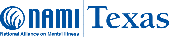 The left side of the image says "NAMI" in large blue letters. Underneath that the image says "National Alliance of Mental Illness" in small blue letters. The right side of the image says "Texas" in large blue letters. 