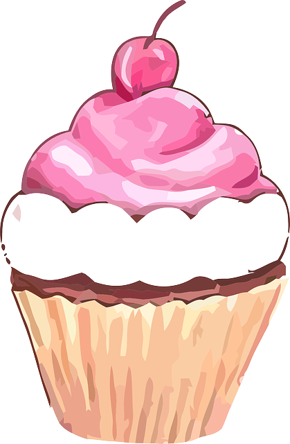 A cupcake on a white background. The chocolate cupcake is in a tan cupliner liner. There is a layer of white icing on top of the cake, and a layer of pink icing on top of the white icing. There is a cherry at the very top of the cupcake.