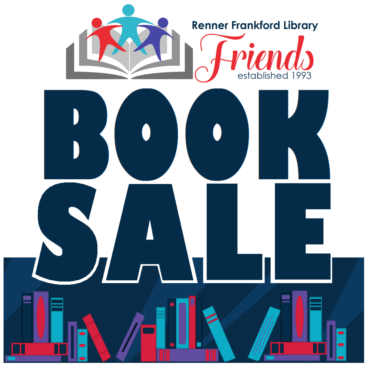 RFLF Book Sale Logo with red, blue, and purple books underneath on a navy background