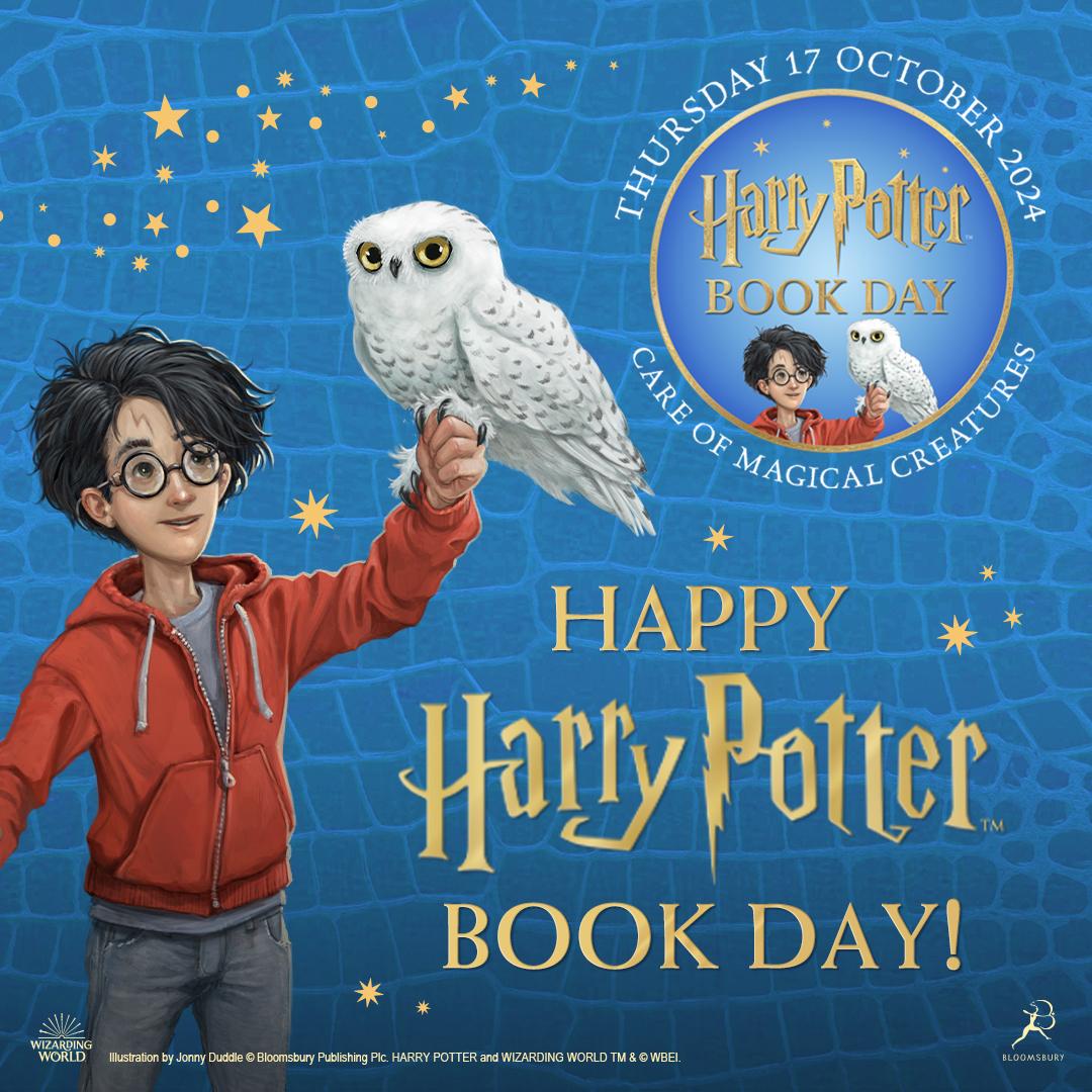 Happy Harry Potter Book Day on blue background. To the left Harry holds up Hedwig 