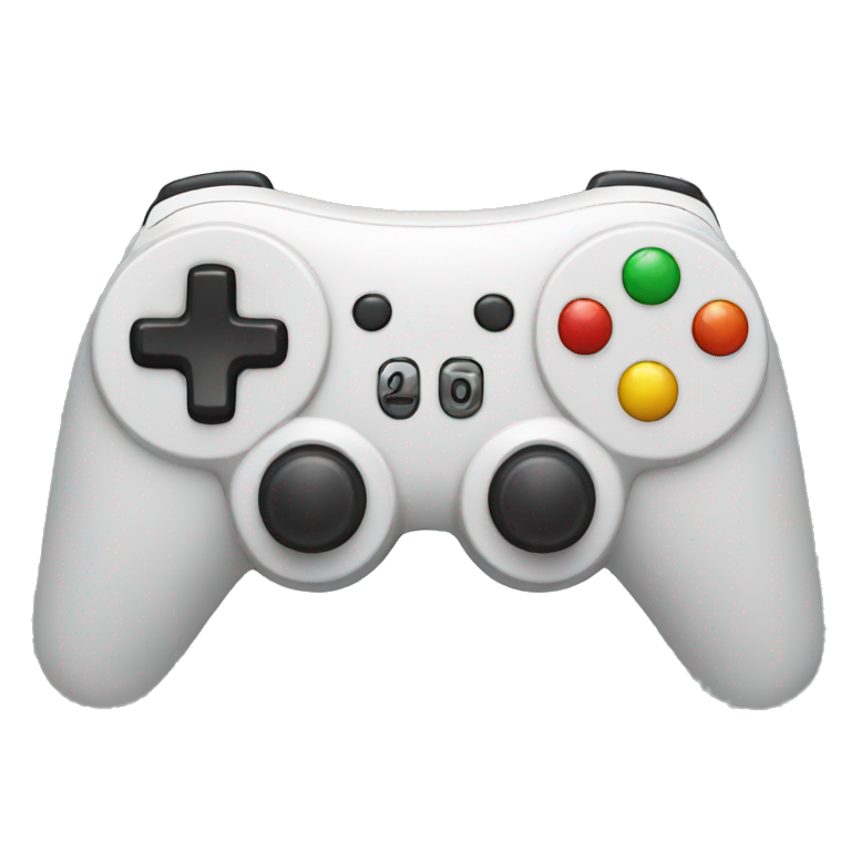 A video game controller in black and white with red, yellow, and green buttons.