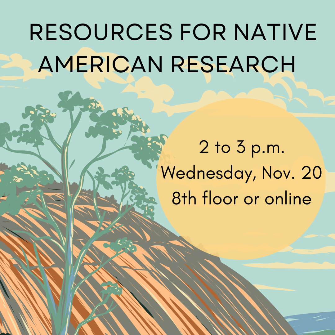 sketched skyscape with tree and mountain - "Resources for Native American Research" with time date in a yellow circle.