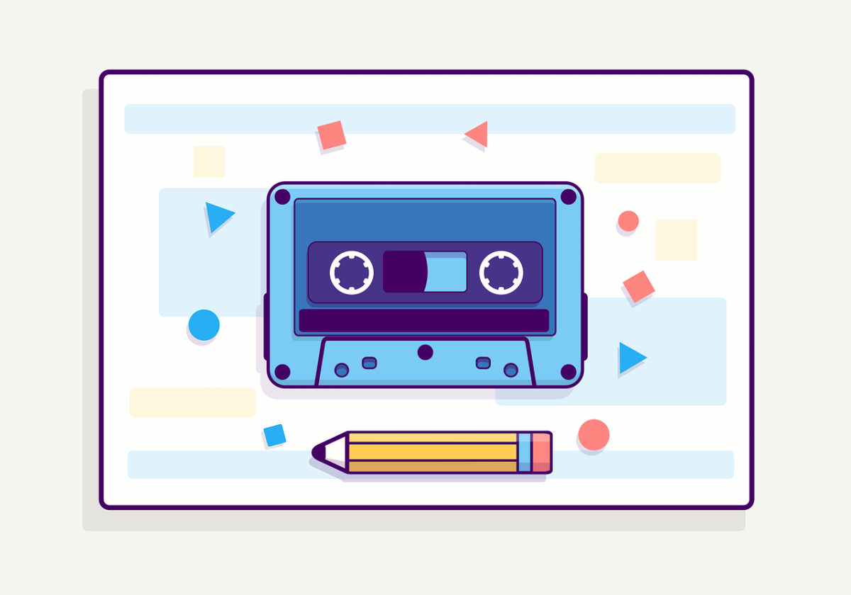 cartoon of a blue cassette with blue and red squares and triangles surrounding it. There is a small pencil situated underneath the cassette.  caricatura de un casete azul con cuadrados y triángulos azules y rojos rodeándolo. Hay un pequeño lápiz situado debajo del casete.