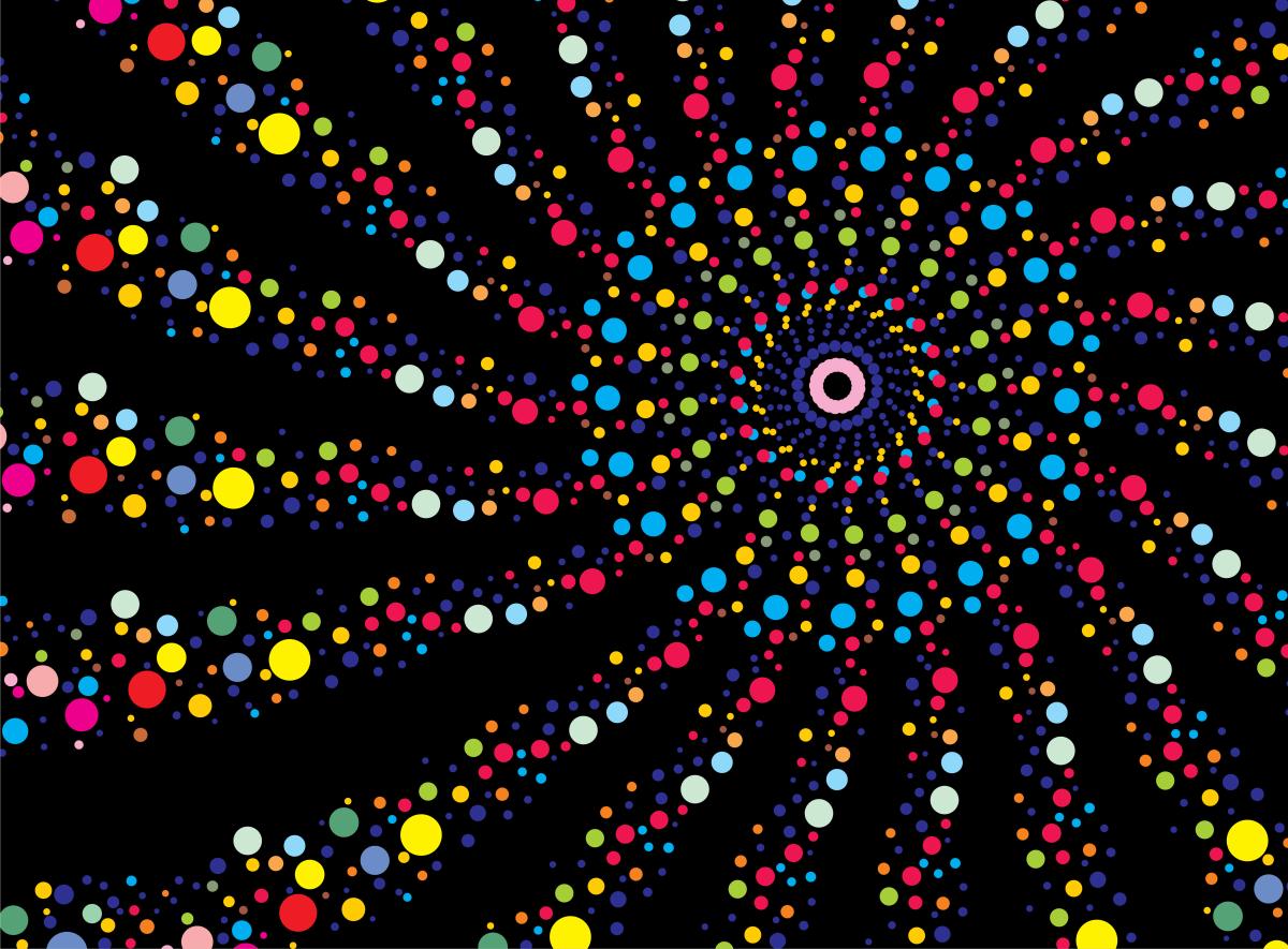 black background with multiple colors in dots forming circles that grow out from center