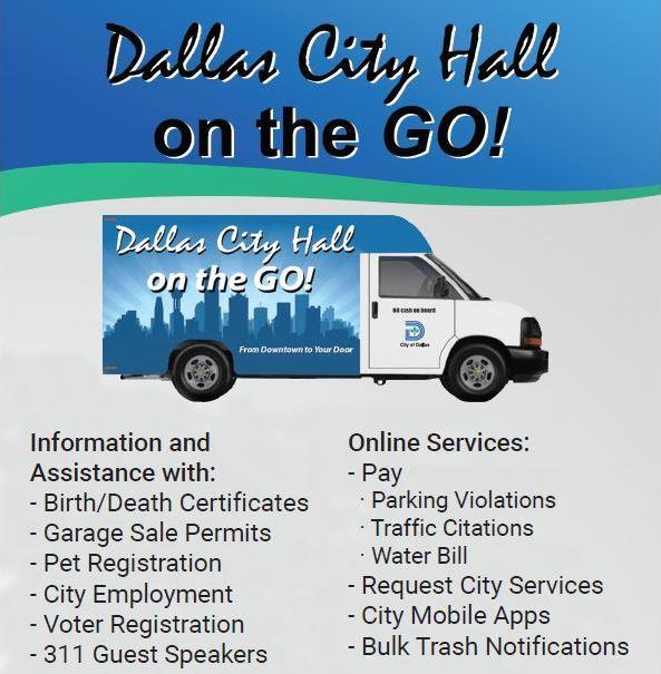 Flyer for Dallas City Hall on the Go with a picture of the van and a list of services provided.