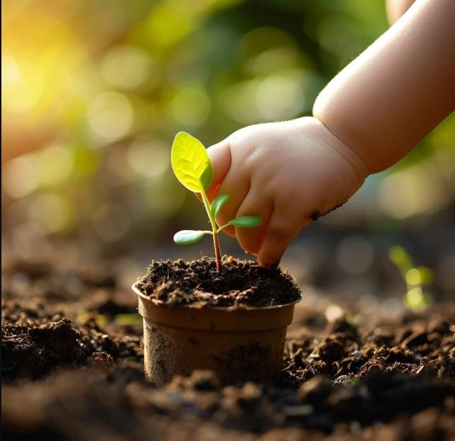 a little baby hand planting a sapling 