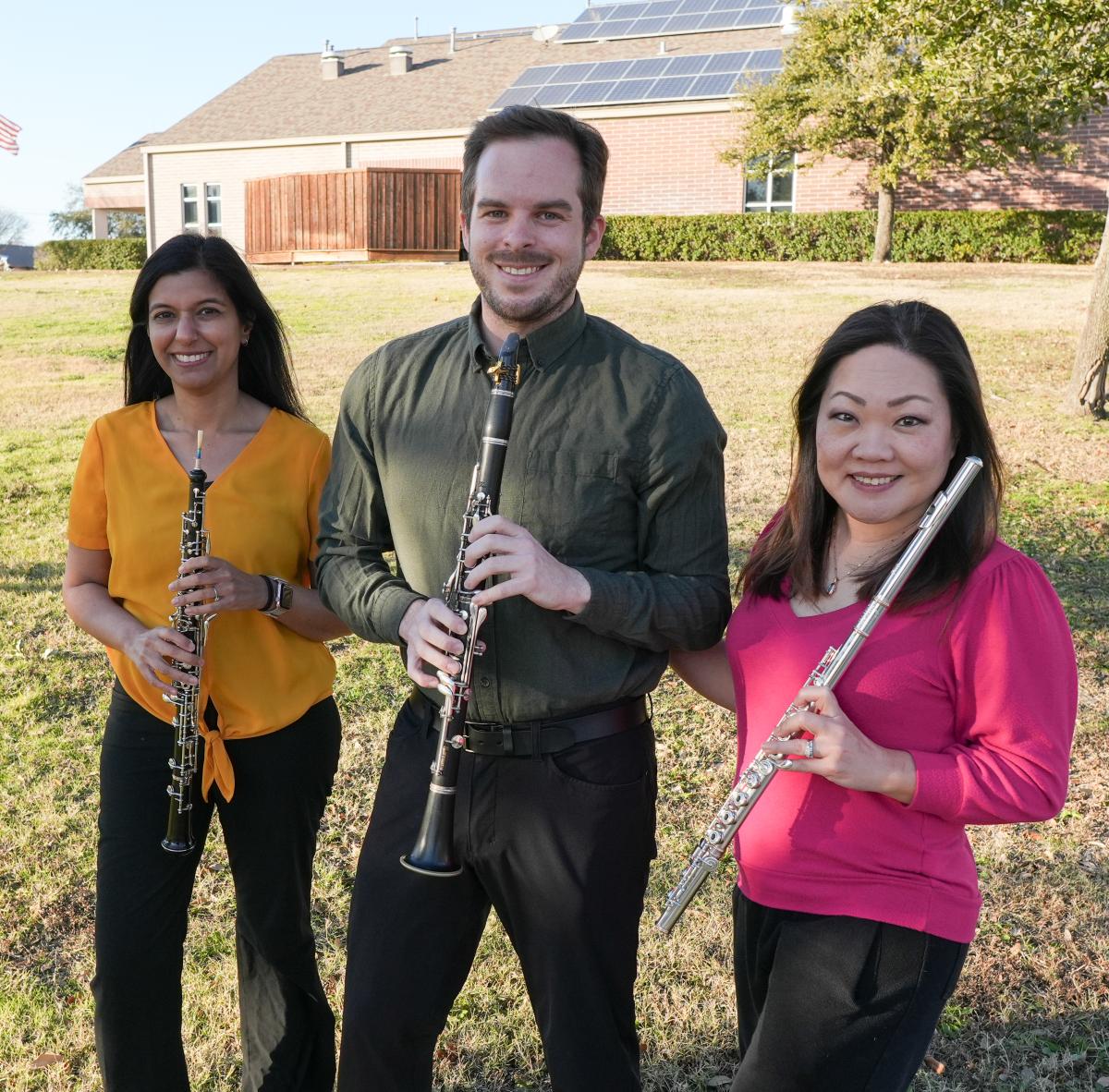 Photo of Dallas-based woodwind trio Uchrio: Julee Kim Walker, Natasha Merchant and Bobby Lapinski