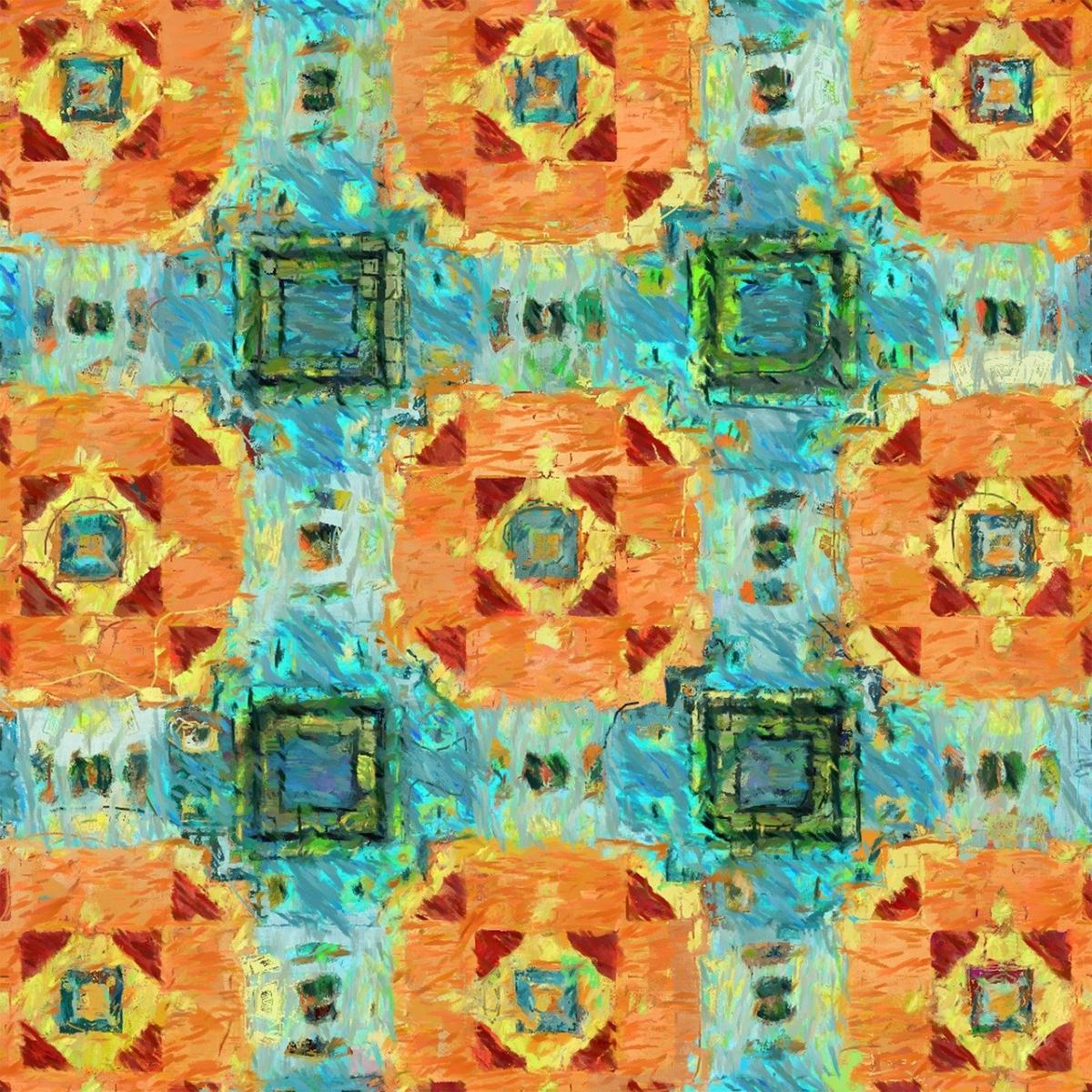 Quilt with an abstract pattern in teal and orange