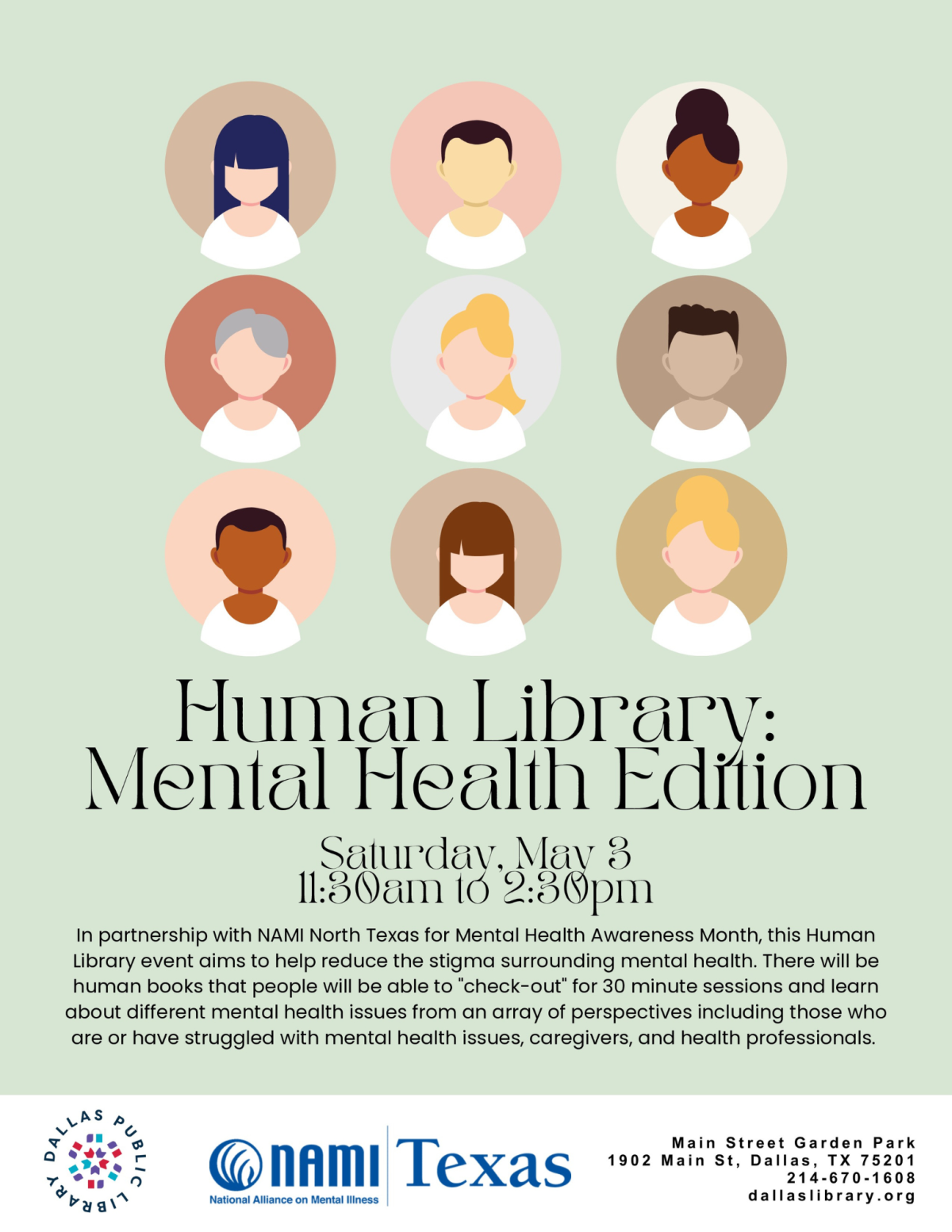 Rows displaying representations of diverse people overlayed on a mint green background with text. 