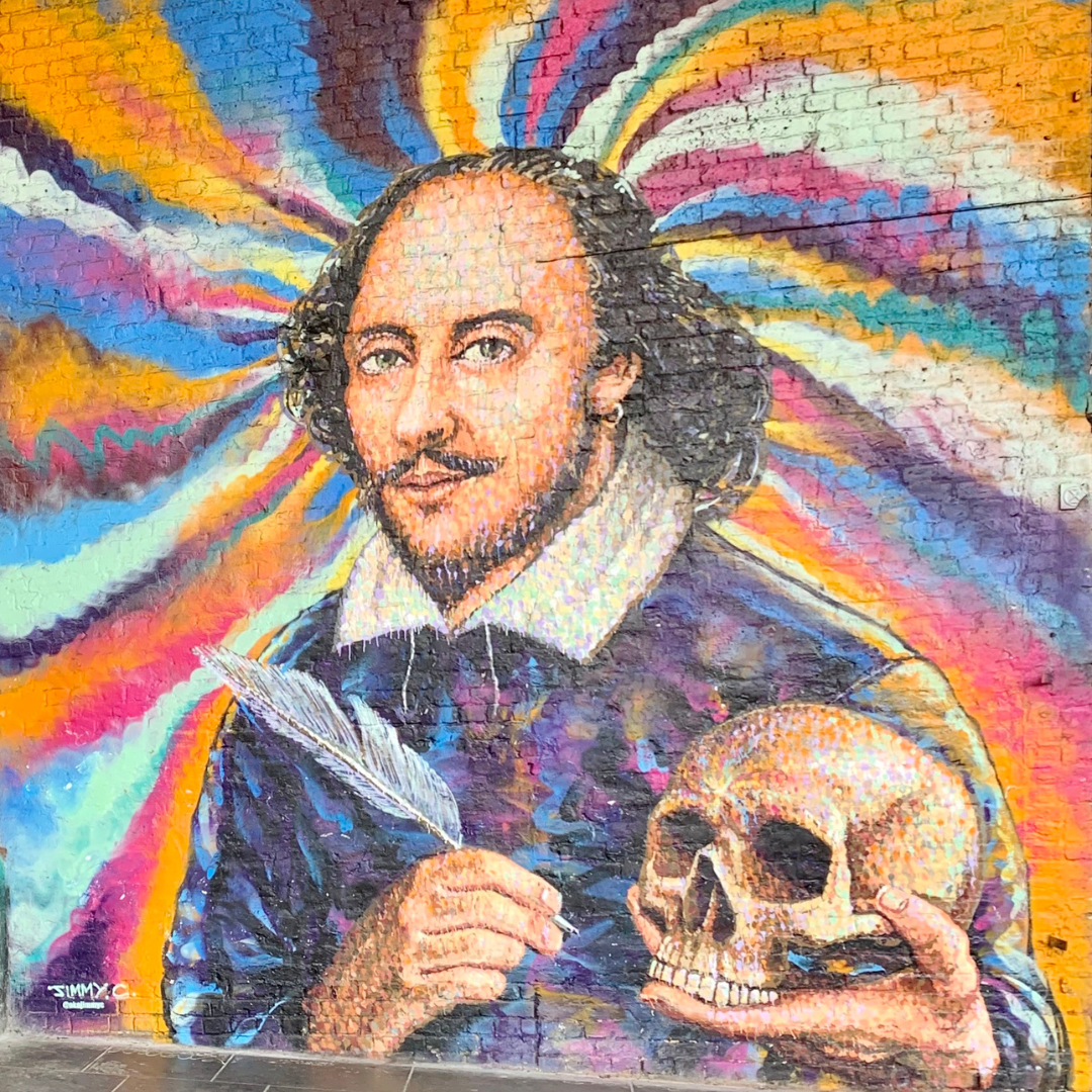 A graffiti wall portrait of William Shakespeare  